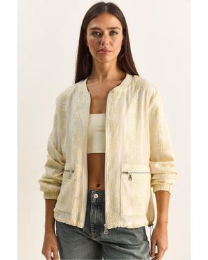 Bianco Lucci Floral Embroidered Bomber Jacket - Natural