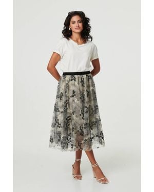 Izabel London Printed A-Line Midi Skirt - Natural