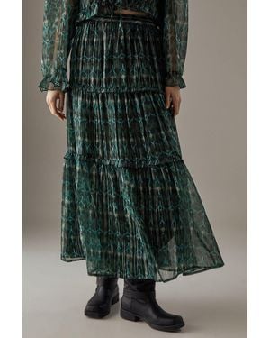 Warehouse Metallic Chiffon Tier Maxi Skirt - Green