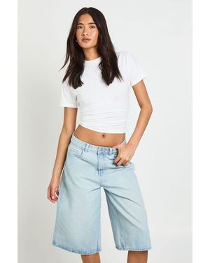 Boohoo Mid Rise Longline Denim Jorts - Blue
