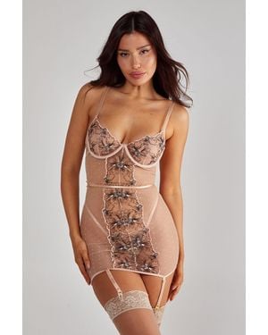 Nasty Gal Lace Embroidered Up Back Chemise And Thong Set - Multicolour