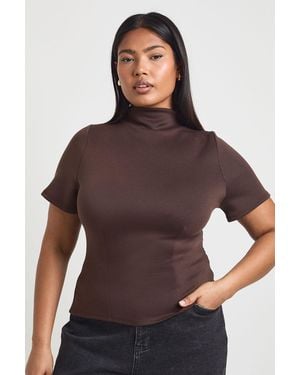 Boohoo Plus Cinched Waist High Neck Top - Brown