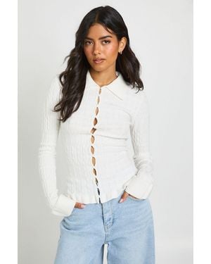 Boohoo Textured Knit Collared Cardigan - White