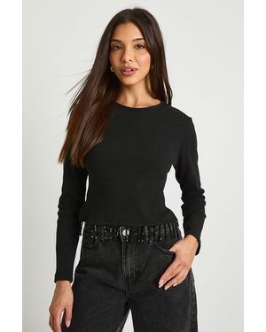 Boohoo Sparkly Trim Long Sleeve Rib Top - Black