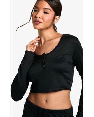 Boohoo Loungewear Soft Touch Button Up Long Sleeve Crop Top - Black