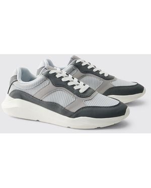 BoohooMAN Mesh Contrast Panel Runner Style Trainer - Grey