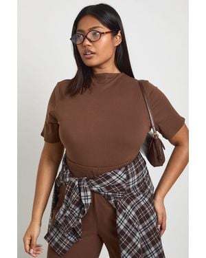 Boohoo Plus Ultra Soft Grown On Neck Short Sleeve Bodysuit - Brown