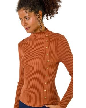 D.u.s.k High Neck Button Detail Rib Jumper - Brown