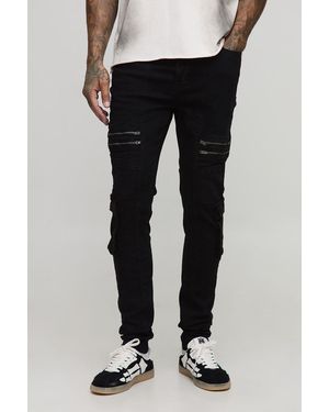 BoohooMAN Tall Skinny Zip Detail Cargo Jeans - Black