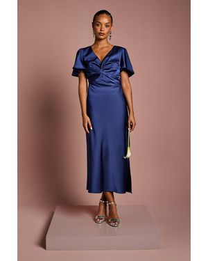 Oasis Petite Satin Twist Angel Sleeve Midi Bridesmaids Dress - Blue