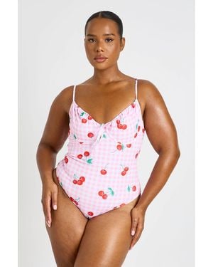 Boohoo Plus Cherry Gingham Print Underwire Plunge Swimsuit - White