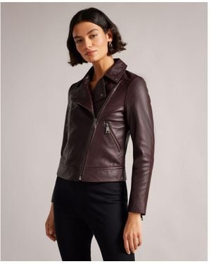 Ted Baker Ellaar Fitted Leather Biker Jacket, Deep - Brown