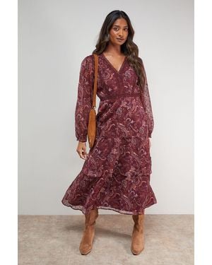 Oasis Printed Lace Dress With Tripple Tiers - Red