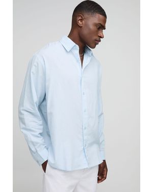 BoohooMAN Oversized Long Sleeve Collared Linen Blend Shirt - Blue