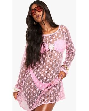 Boohoo Floral Fishnet Beach Dress - Pink