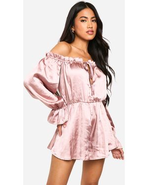 Boohoo Bardot Ruched Satin Romper - Pink