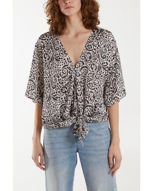 Blue Vanilla Tie Front V Neck Paisley Top - Grey