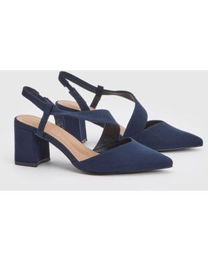 Wallis Wide Fit Eve Asymmetric Strap Block Heel Pointed Comfort Sock Court Shoes - Blue