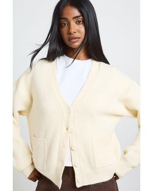 Boohoo Soft Knit Pocket Detail V Neck Cardigan - Natural