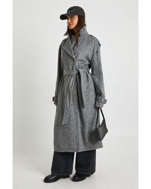 Boohoo Textured Wool Look Belted Trench Coat - Grey