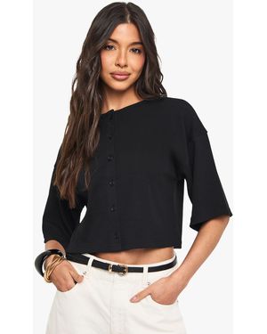 Boohoo Rib Button Through Slouchy 3/4 Sleeve Top - Black