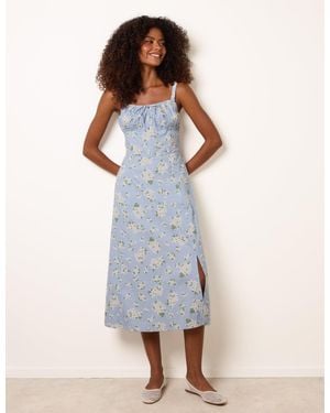 Blue Vanilla Midi Milkmaid Floral Dress - Blue