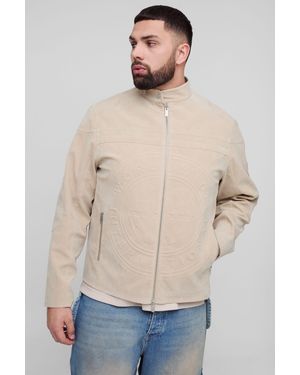 BoohooMAN Plus Tumbled Faux Suede Embossed Regular Fit Biker Jacket - Natural