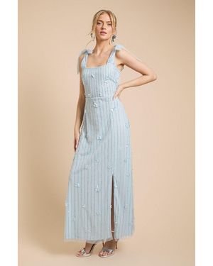 Oasis 3D Floral Linear Beadwork Tie Shoulder Dress - Blue