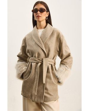 Bianco Lucci Oversized Shawl Collar Felt Jacket With Faux Fur Cuffs - Natural