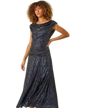 Roman Sequin Cowl Neck Maxi Stretch Dress - Blue