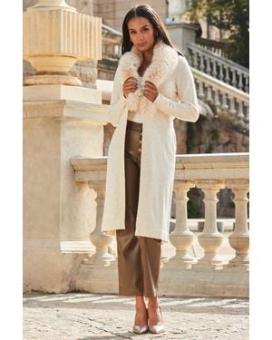 Sosandar Faux Fur Collar Longline Cardigan - Natural