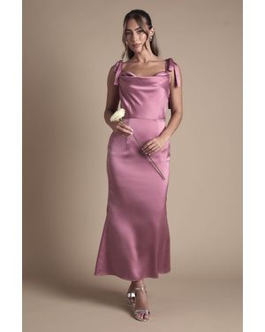 Oasis Satin Tie Shoulder Cowl Front Midi Bridesmaid Dress - Pink
