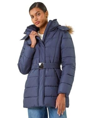 Roman Faux Fur Padded Belt Coat - Blue