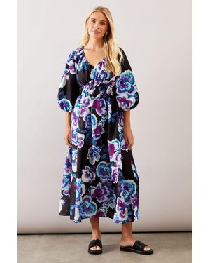 Wallis Petite Floral Ruched Waist Midaxi Tea Dress - Blue