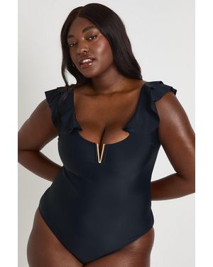 Boohoo Plus Trim Detail Ruffle Tummy Control Swimsuit - Blue