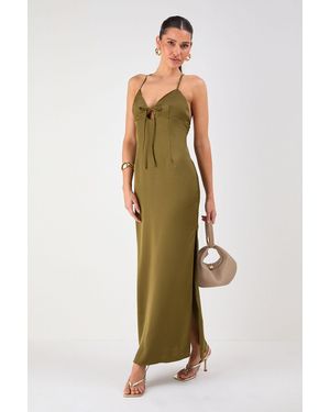 MissPap Satin Asymmetric Strap Pleated Waist Low Back Maxi Dress in Brown |  Lyst UK