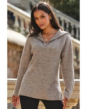 Sosandar Natural Rib Knit Half Zip Longline Jumper - Brown