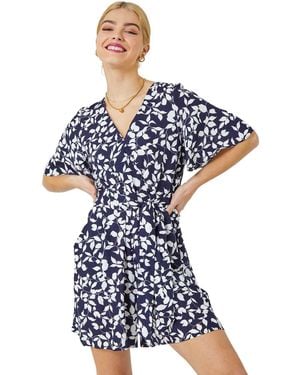D.u.s.k Leaf Print Belted Wrap Playsuit - Blue