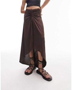 TOPSHOP Textured Slinky Ruched Front Jersey Midi Skirt - Brown