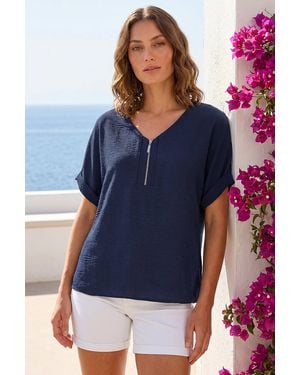 Roman Petite Zip Front V-Neck Top - Blue