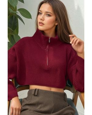 Hiccup Thick Knitwear Crop Jumper With Zipper Collar - Red