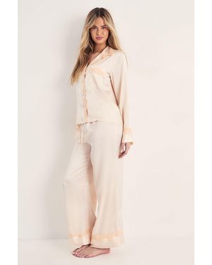 Nasty Gal Satin Lace Detail Shirt And Trouser Pyjama Set - Natural