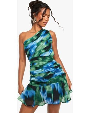 Boohoo Abstract Printed Ruched One Shoulder Mini Dress - Blue