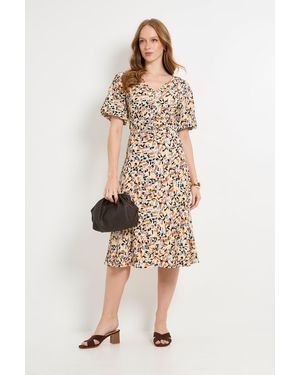 Wallis Abstract Jersey Ruched Puff Sleeve Midi Dress - Natural