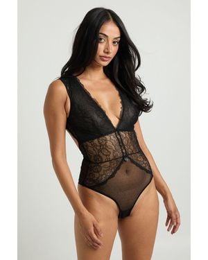 Boohoo Lace Plunge Sleeve Detail Bodysuit - Black