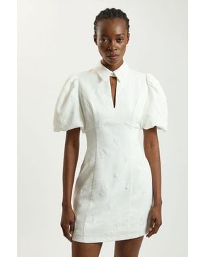 Karen Millen Embellished Short Sleeve Woven Mini Dress - White