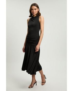 Karen Millen Stretch Drapey Crepe Ruched Hanky Hem Midi Dress - Black