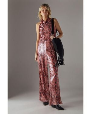 Warehouse Snake Sequin Cowl Neck Drop Waist Jumpsuit - Brown