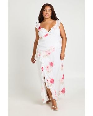 Boohoo Plus Floral Plunge Ruffle Detail Chiffon Maxi Dress - White