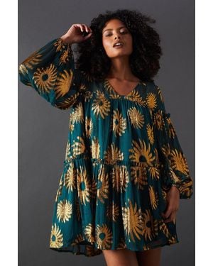 Warehouse Sun Metallic Jacquard Frill Detail Mini Smock Dress - Black